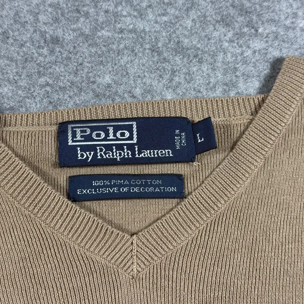 Vintage 90s Polo Ralph Lauren Pima Cotton Sweater Mens L Tan V-Neck Preppy Knit